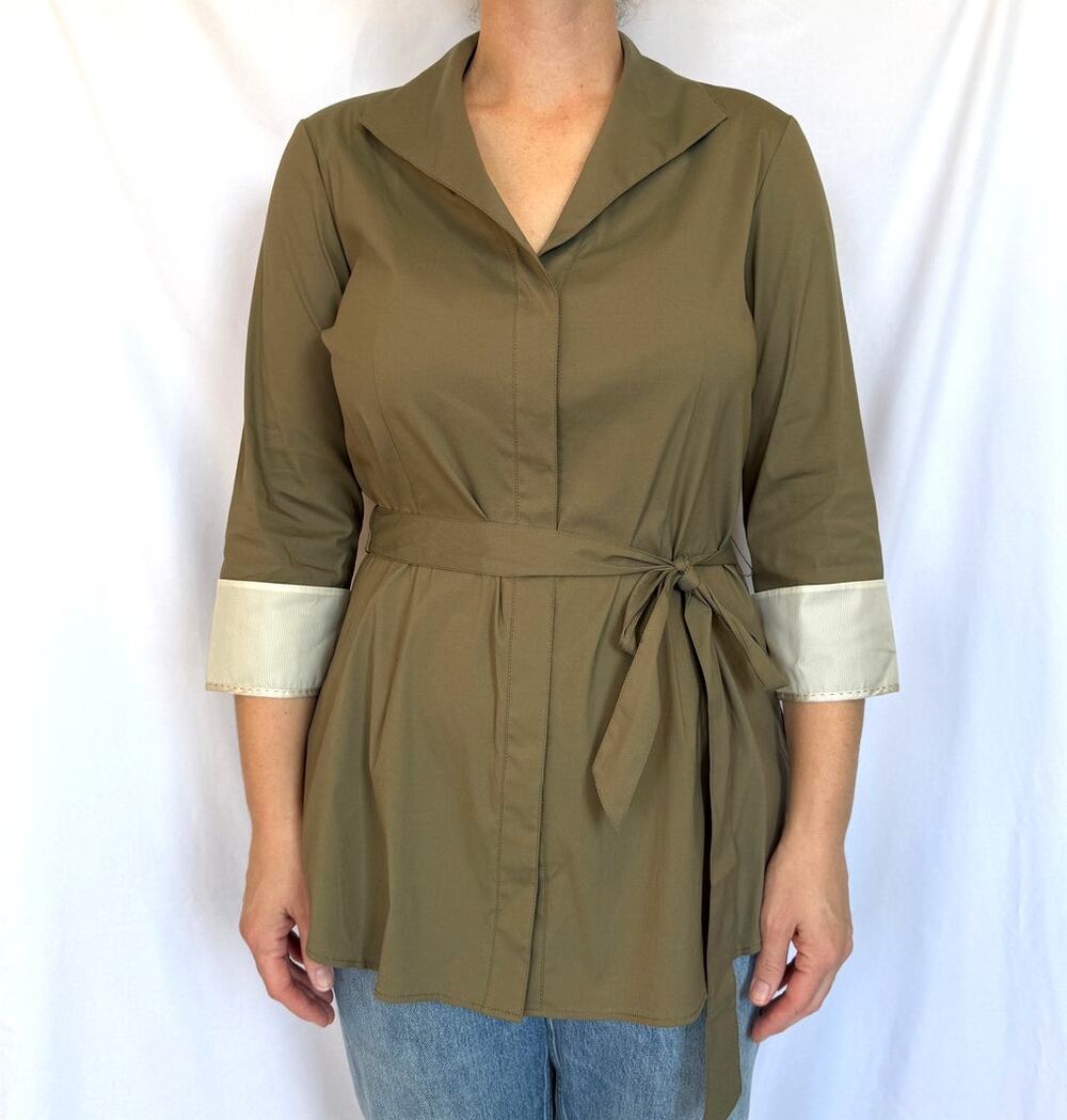 Lafayette 148 Button Up Tunic Shirt, Khaki Olive Green, 10